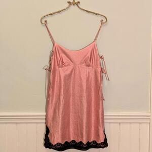 Anna Sui Metallic Pink Slip Dress w/ Black Lace Trim – Size 4